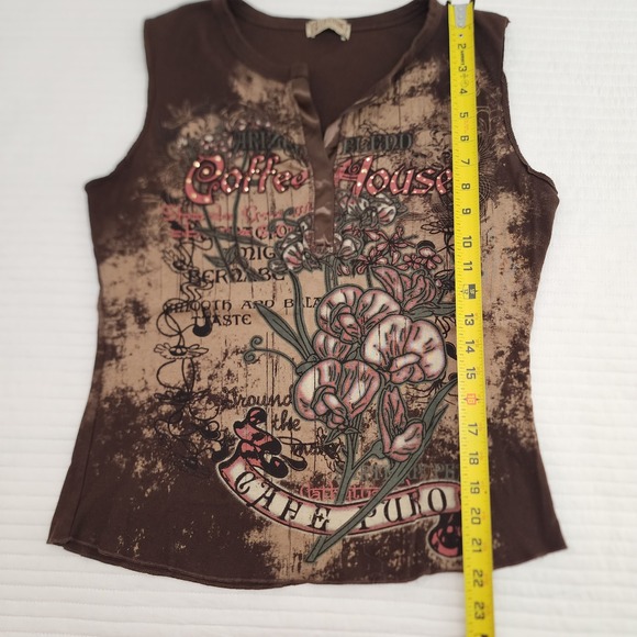 Arizona Blend Coffee‎ House Brown Floral Sleeveless Top Woman's T-Shirt L - Picture 5 of 6